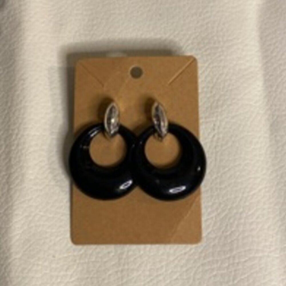 Vintage Black & Silver-Tone Double Hoop Earrings Post Backs